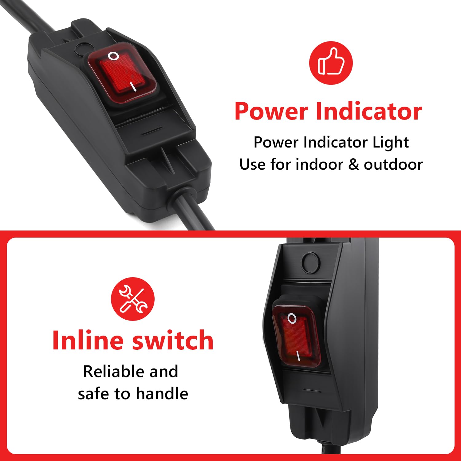 Newdeli 10FT Extension Cord with Switch On/Off Black Outdoor Extension Cord Waterproof 14AWG 3-Prong Heavy Duty 14/3 SJT Extension Cords with 15A 125V Cable Inline On Off Switch - Image 3