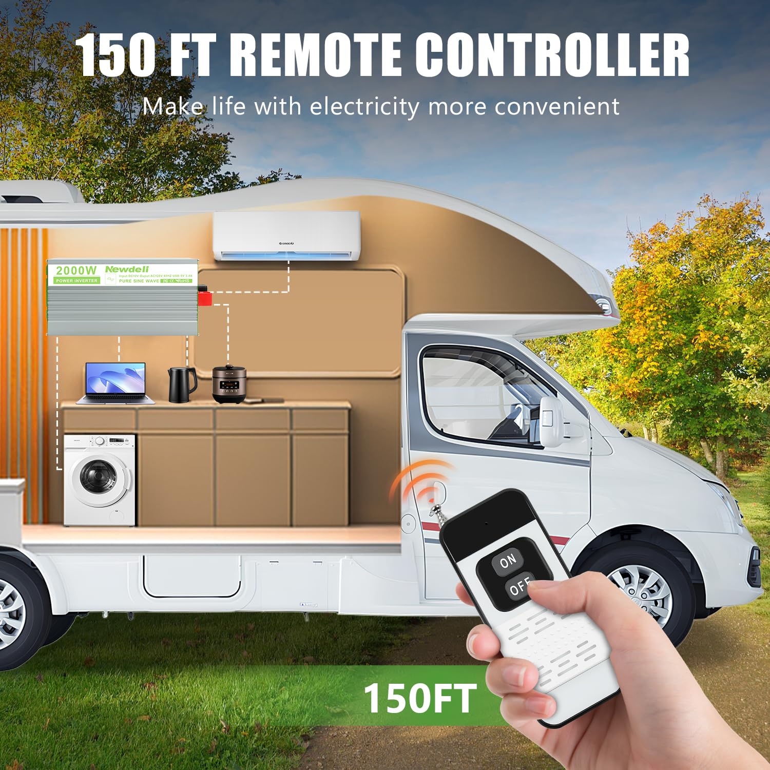 Newdeli 2000 Watt Power Inverter 12V DC to 110V 120V AC Pure Sine Wave Inverter with LCD Display, Remote Controller, 4 AC Outlets and 5V 3.4A USB Port for Vehicles Car Truck RV Solar System Camping - Image 4