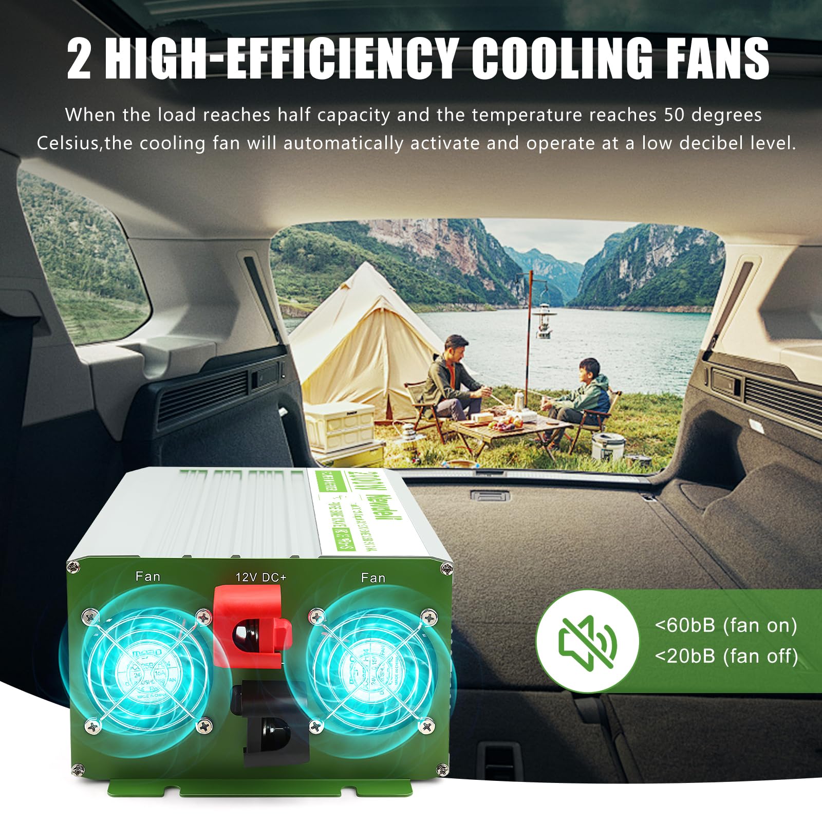 Newdeli 2000 Watt Power Inverter 12V DC to 110V 120V AC Pure Sine Wave Inverter with LCD Display, Remote Controller, 4 AC Outlets and 5V 3.4A USB Port for Vehicles Car Truck RV Solar System Camping - Image 6