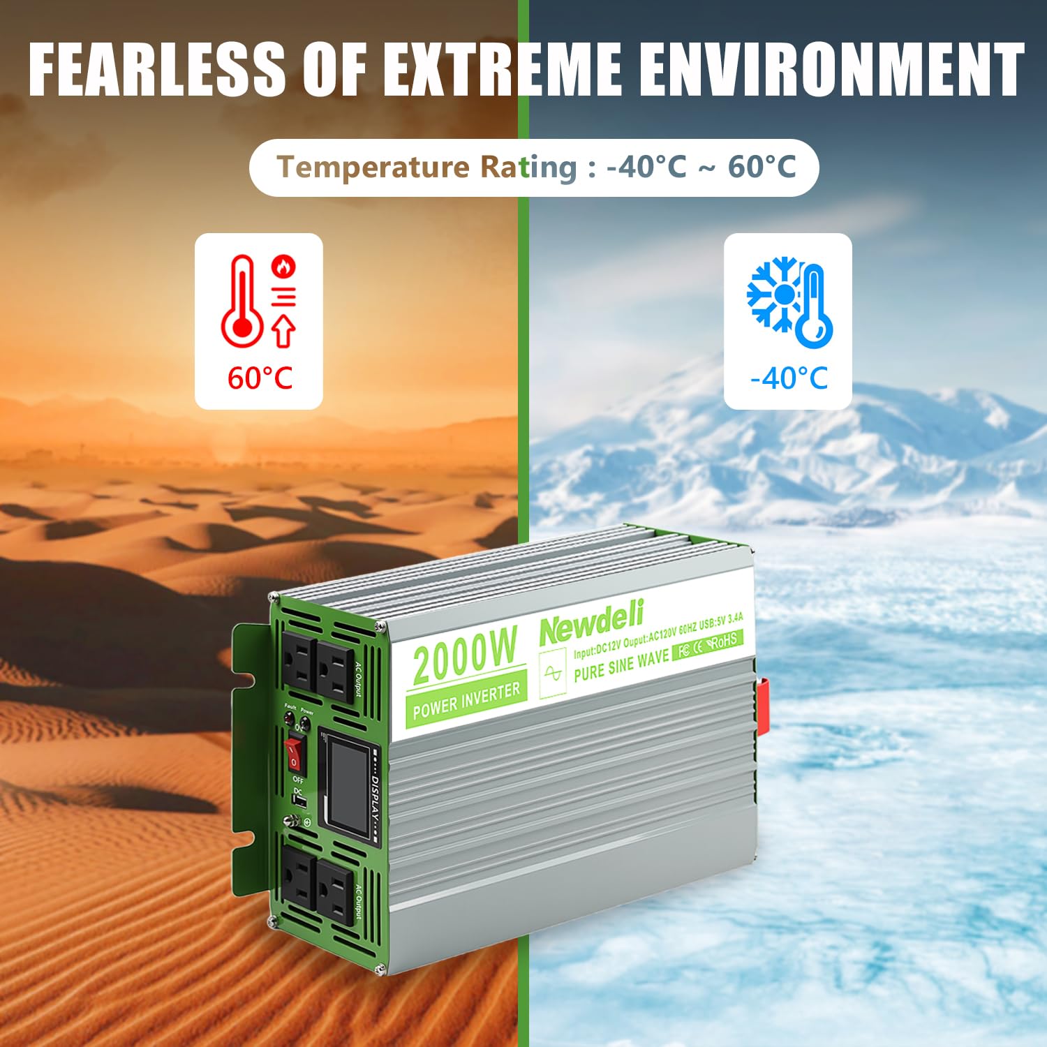 Newdeli 2000 Watt Power Inverter 12V DC to 110V 120V AC Pure Sine Wave Inverter with LCD Display, Remote Controller, 4 AC Outlets and 5V 3.4A USB Port for Vehicles Car Truck RV Solar System Camping - Image 7