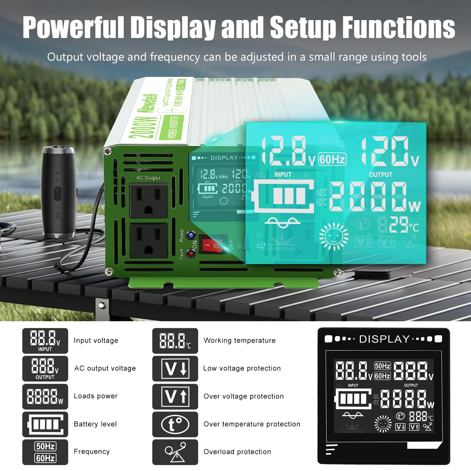 Newdeli 2000 Watt Power Inverter 12V DC to 110V 120V AC Pure Sine Wave Inverter with LCD Display, Remote Controller, 4 AC Outlets and 5V 3.4A USB Port for Vehicles Car Truck RV Solar System Camping - Image 8