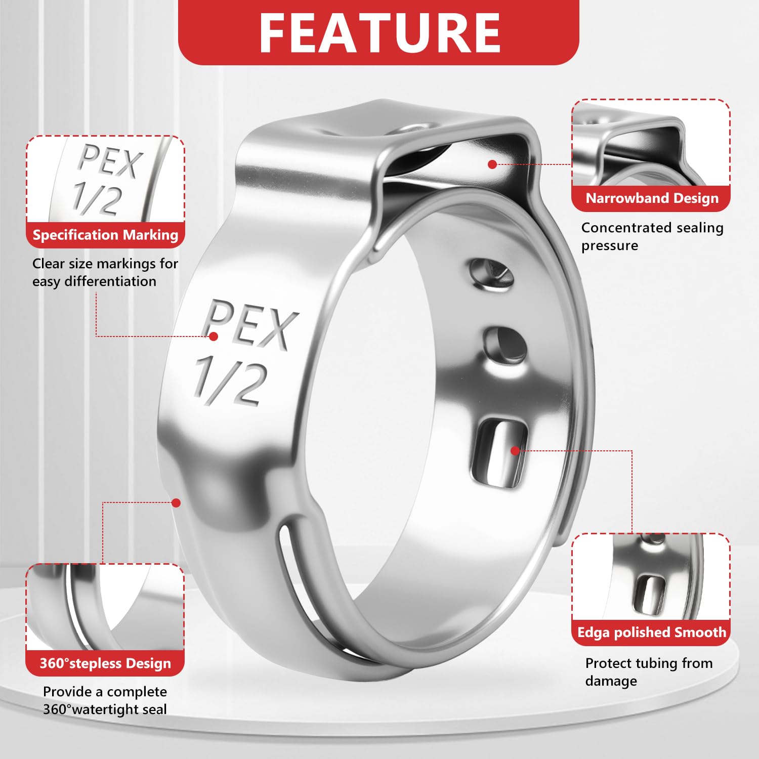 Newdeli 250pcs 1/2 inch Pex Crimp Rings Stainless Steel PEX Clamps Single Ear Hose Clamps Pex Fittings Cinch Pinch Clamp for Pipe Tubing Plumbing - Image 3