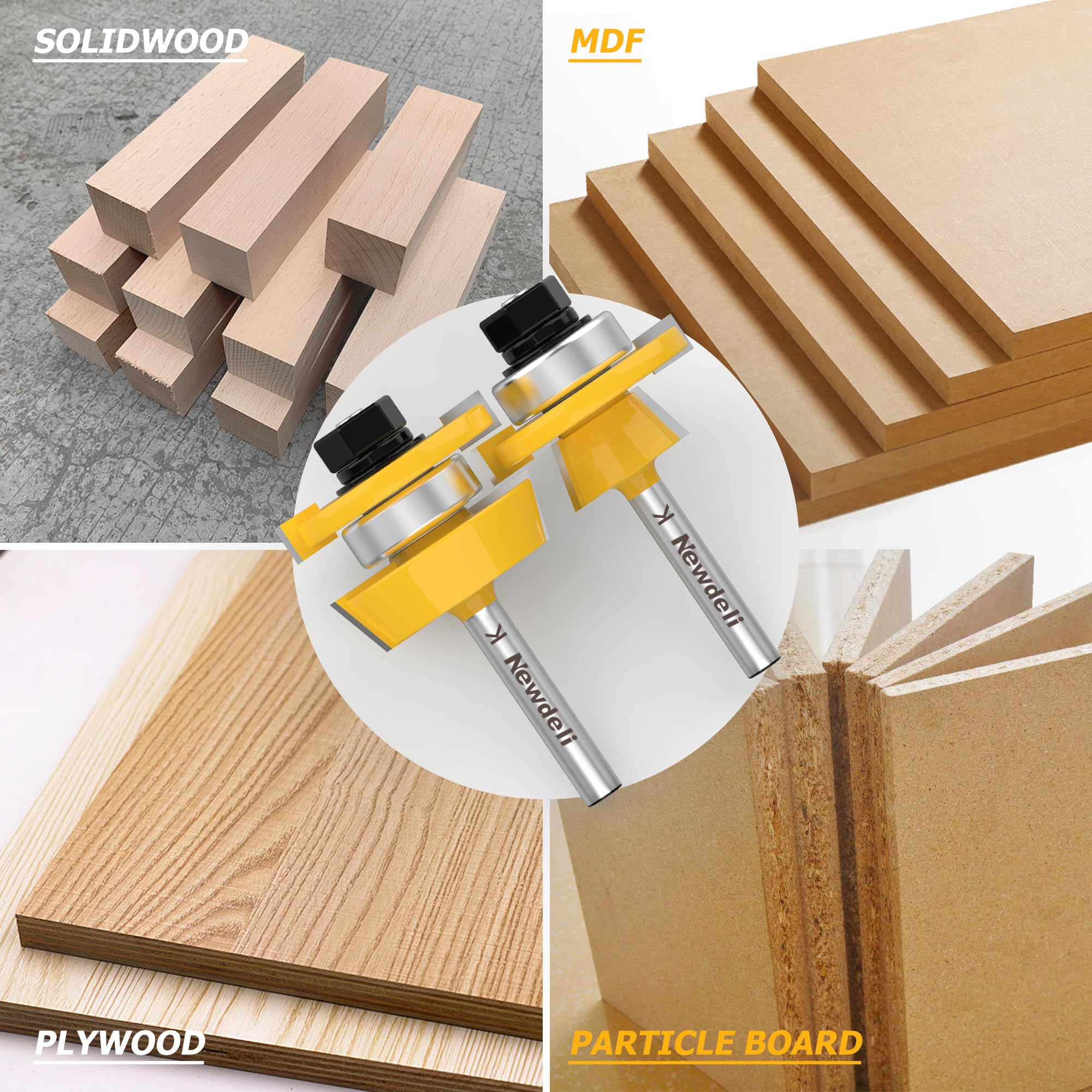 Newdeli 2Pcs Shaker Rail and Stile Router Bit Set 1/4 Inch Shank Tongue and Groove Router Bits Professional Carbide Milling Cutters for Woodworking for Cabinet Door - Image 5