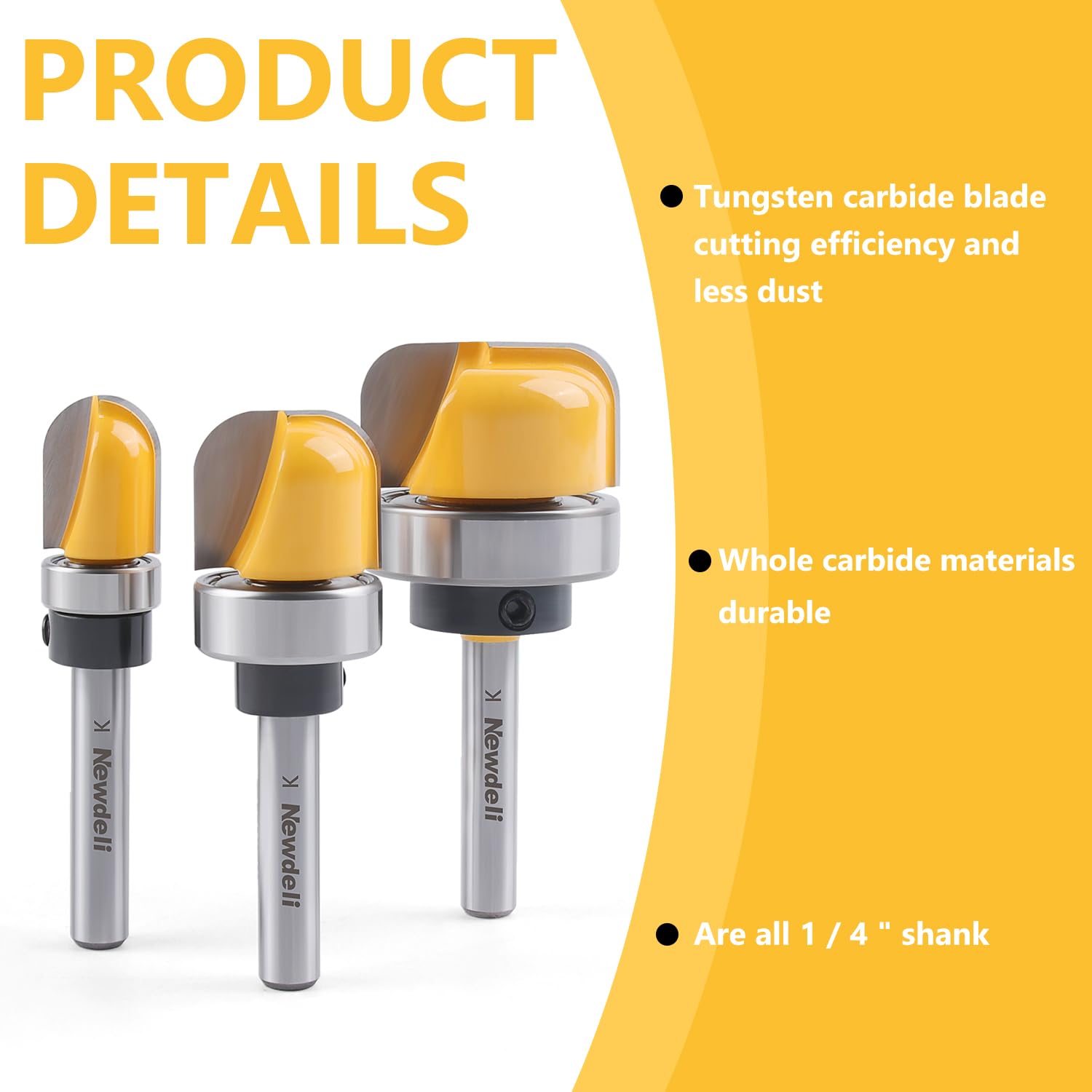 Newdeli 3Pcs Bowl and Tray Template Router Bit Set 1/4 Inch Shank Carbide Juice Groove Round Nose Router Bit with Bearing 1/2",3/4",1-1/8" Dish Carving Router Bits Wood Cutter - Image 3