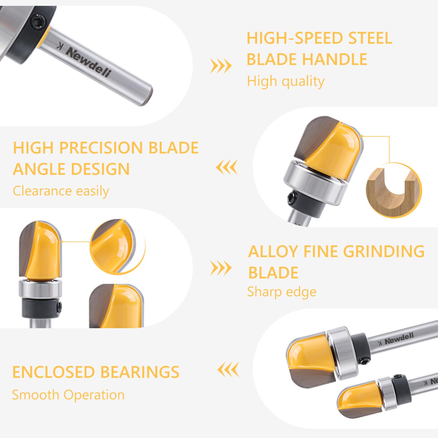 Newdeli 3Pcs Bowl and Tray Template Router Bit Set 1/4 Inch Shank Carbide Juice Groove Round Nose Router Bit with Bearing 1/2",3/4",1-1/8" Dish Carving Router Bits Wood Cutter - Image 4