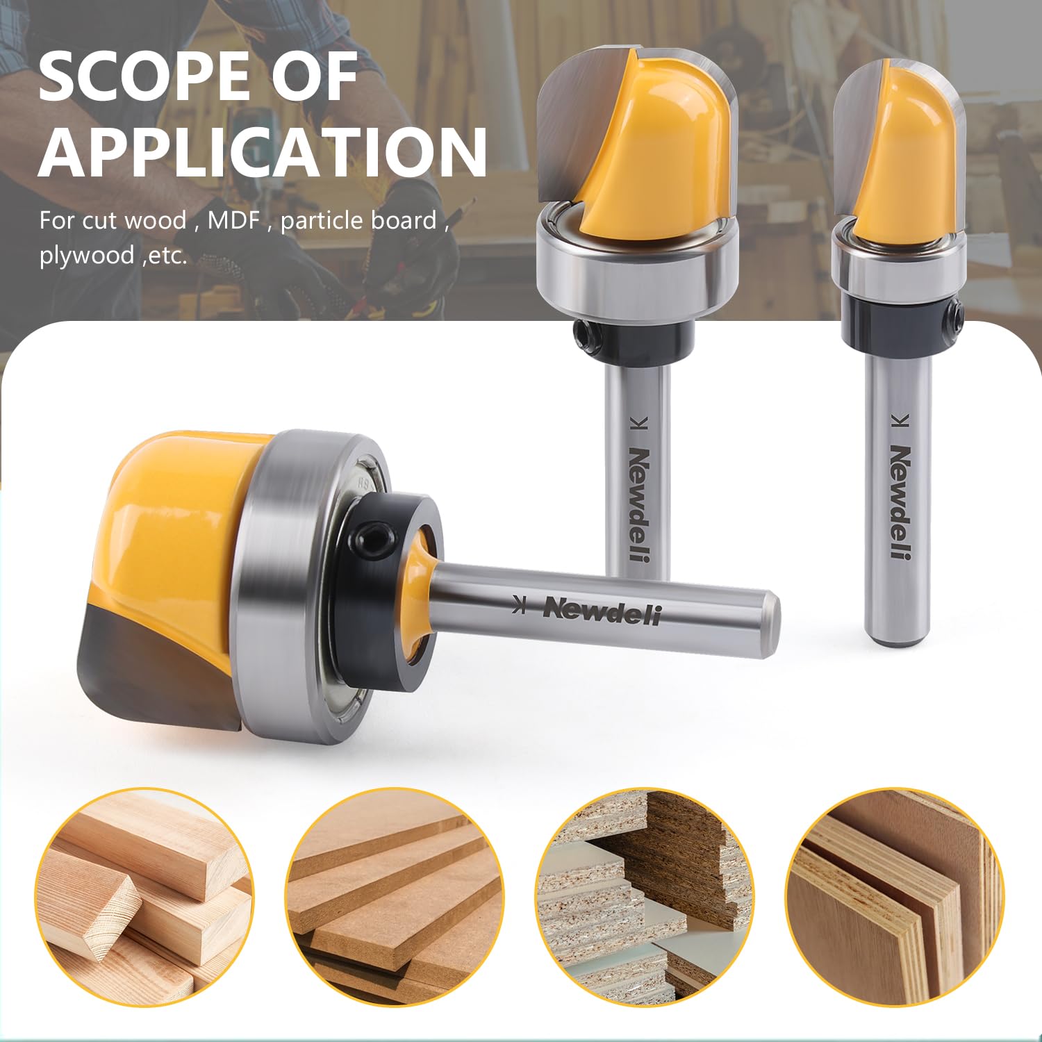 Newdeli 3Pcs Bowl and Tray Template Router Bit Set 1/4 Inch Shank Carbide Juice Groove Round Nose Router Bit with Bearing 1/2",3/4",1-1/8" Dish Carving Router Bits Wood Cutter - Image 5