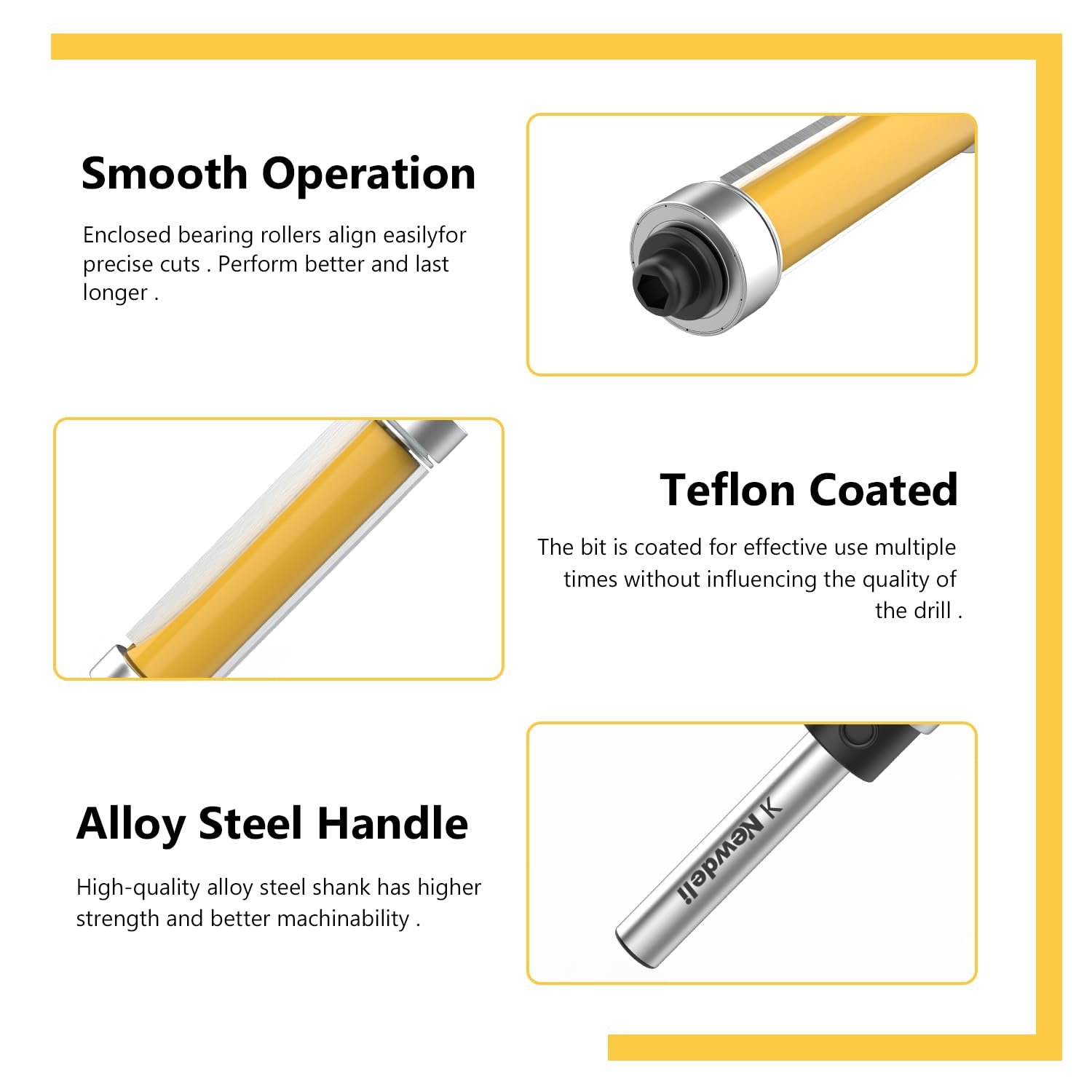 Newdeli 4Pcs Flush Trim Router Bit Set 1/4 Inch Shank Top and Bottom Bearing Flush Trim Bits - 1/2" Cutting Diameter - 3/4", 1", 1-1/4", 1-1/2" Cutting Length - Template Guide Woodworking Tool - Image 4