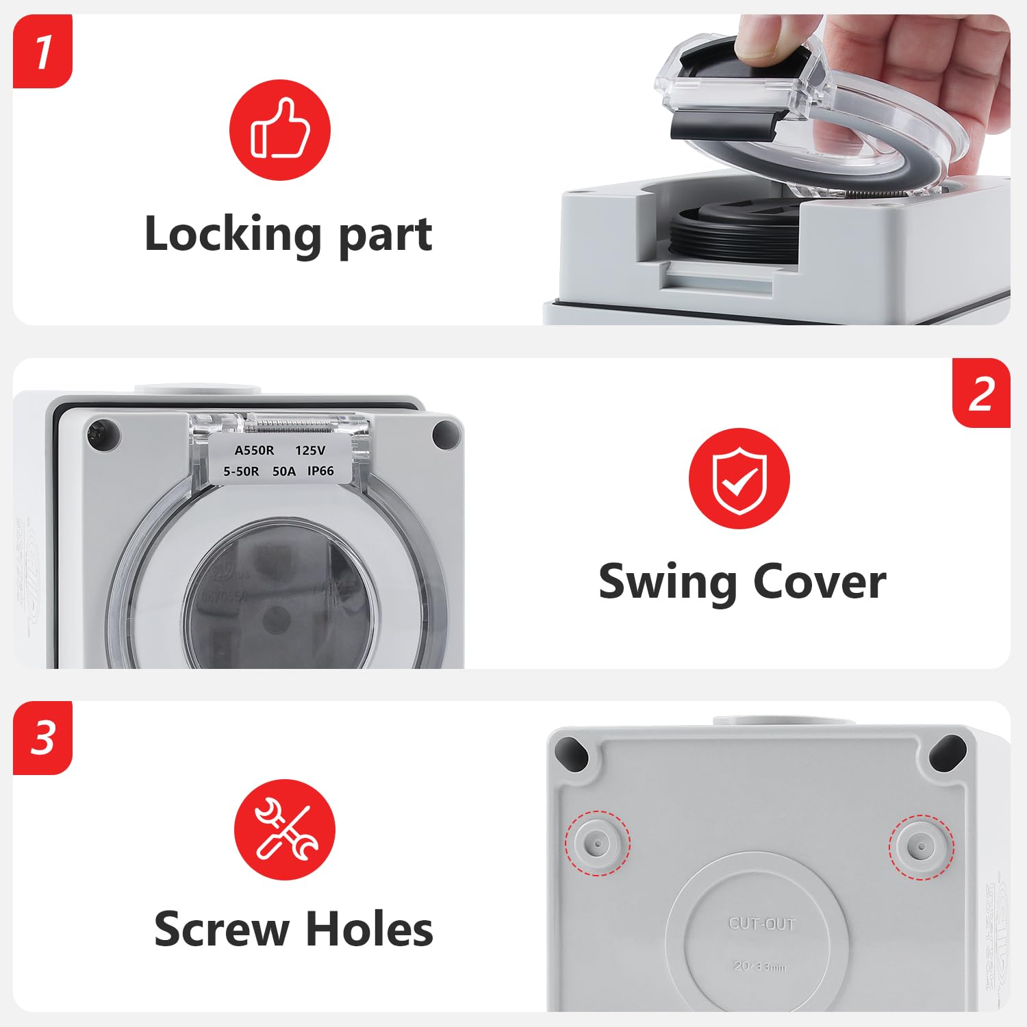 Newdeli 50 amp Power Outlet Box NEMA 5-50R Receptacle 125V Weatherproof Dustproof Outdoor Receptacle Box for EV RV Electric Car Generators Welding Machines Plasma Cutter - ETL Listed - Image 3