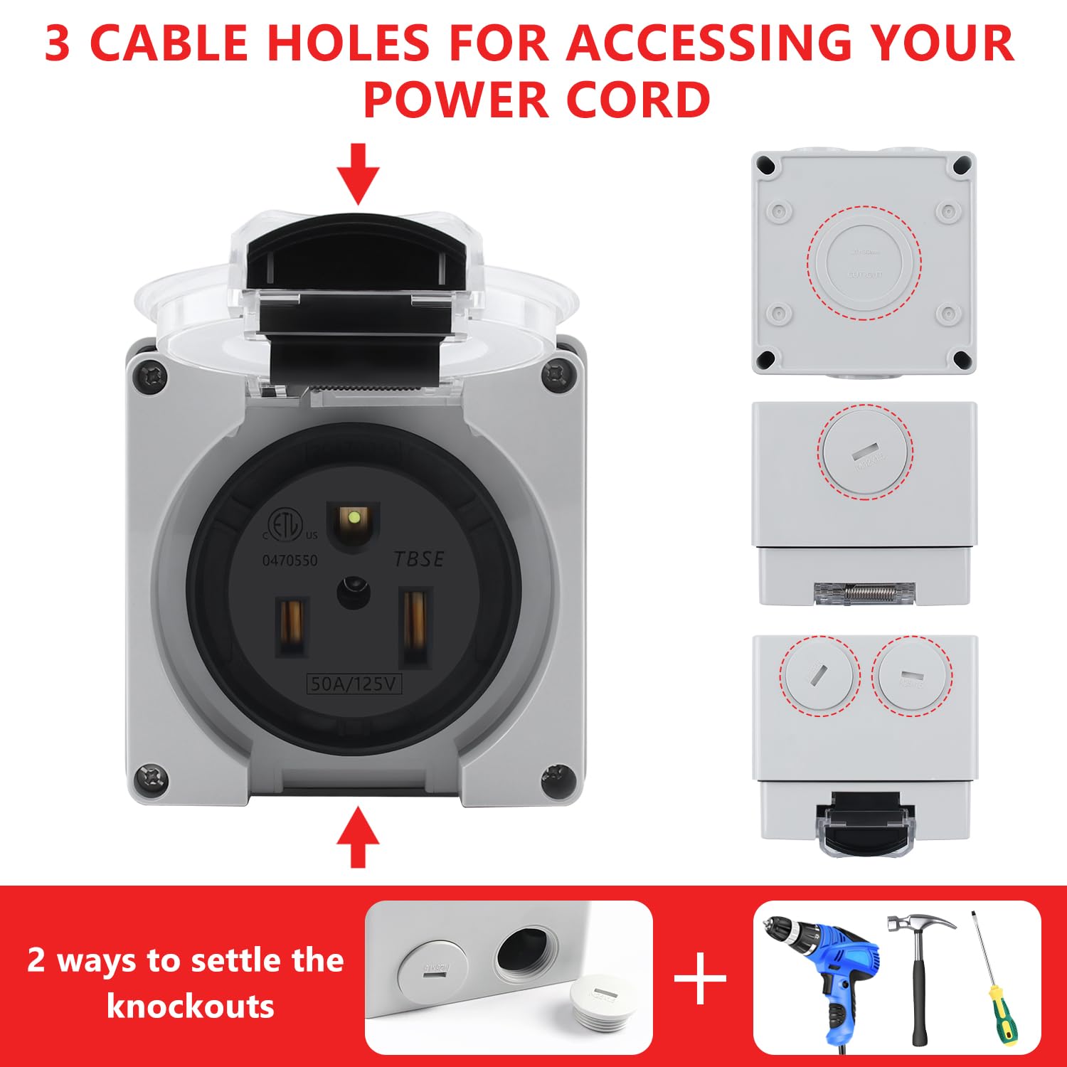 Newdeli 50 amp Power Outlet Box NEMA 5-50R Receptacle 125V Weatherproof Dustproof Outdoor Receptacle Box for EV RV Electric Car Generators Welding Machines Plasma Cutter - ETL Listed - Image 4