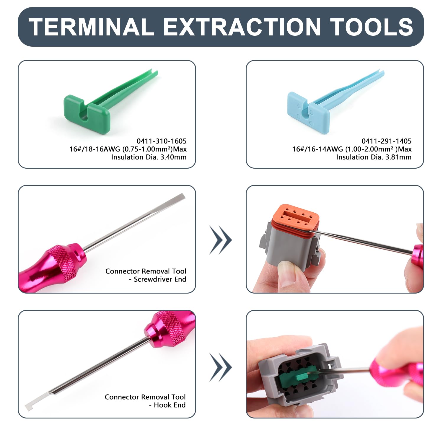 Newdeli 636PCS Deutsch Connector Kit 2 3 4 6 8 12 Pin DT Connectors with Deutsch Crimp Tool(14-20AWG) and Pin Removal Tool Size 16 Solid Contacts Waterproof Automotive Electrical Wire Connectors - Image 7