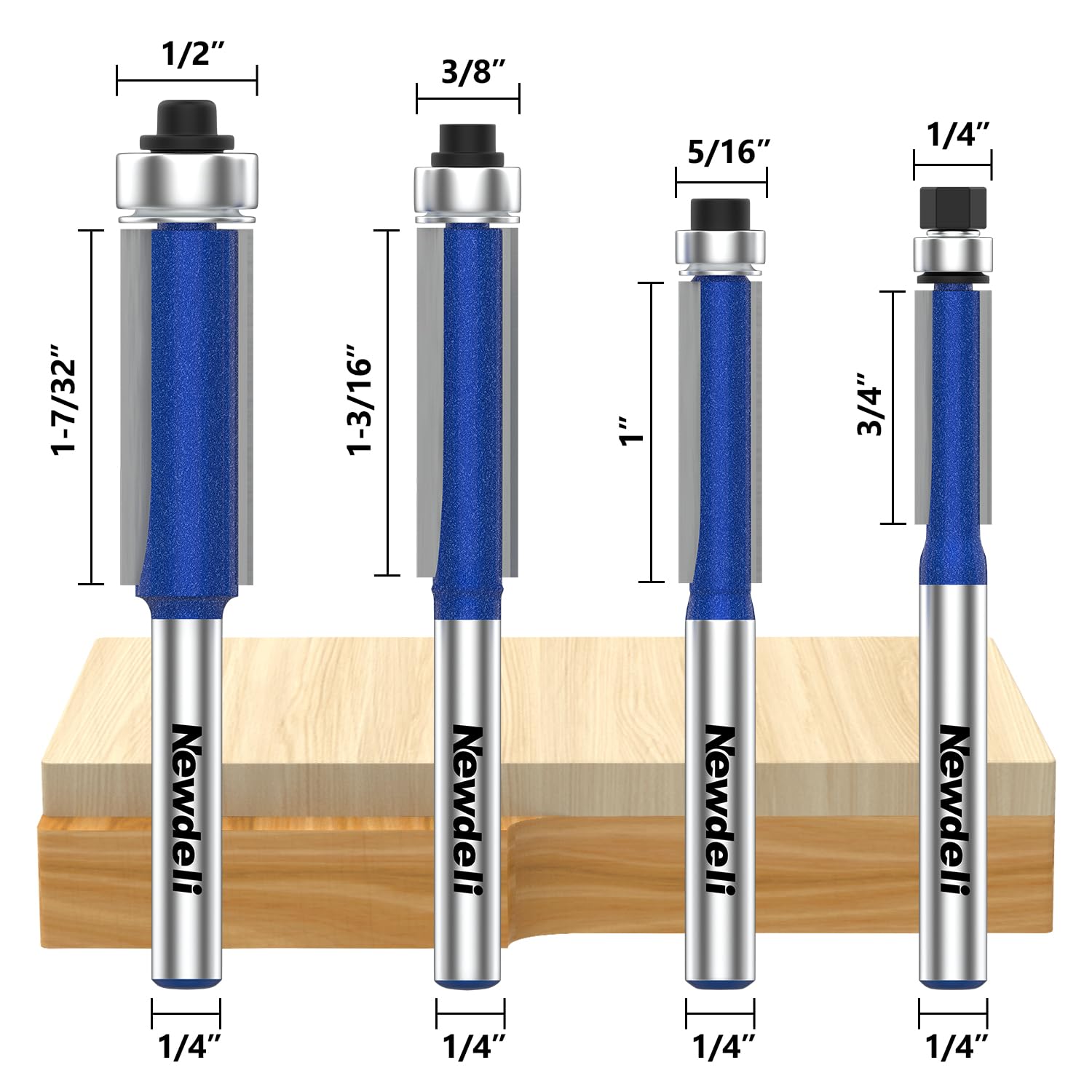 Newdeli 8PCS Flush Trim Router Bit Set 1/4 Inch Shank - 4pcs Top Bearing Flush Trim Router Bits and 4pcs Pattern Flush Trim Router Bits -Template Guide Woodworking Milling Cutter Tool - Image 3