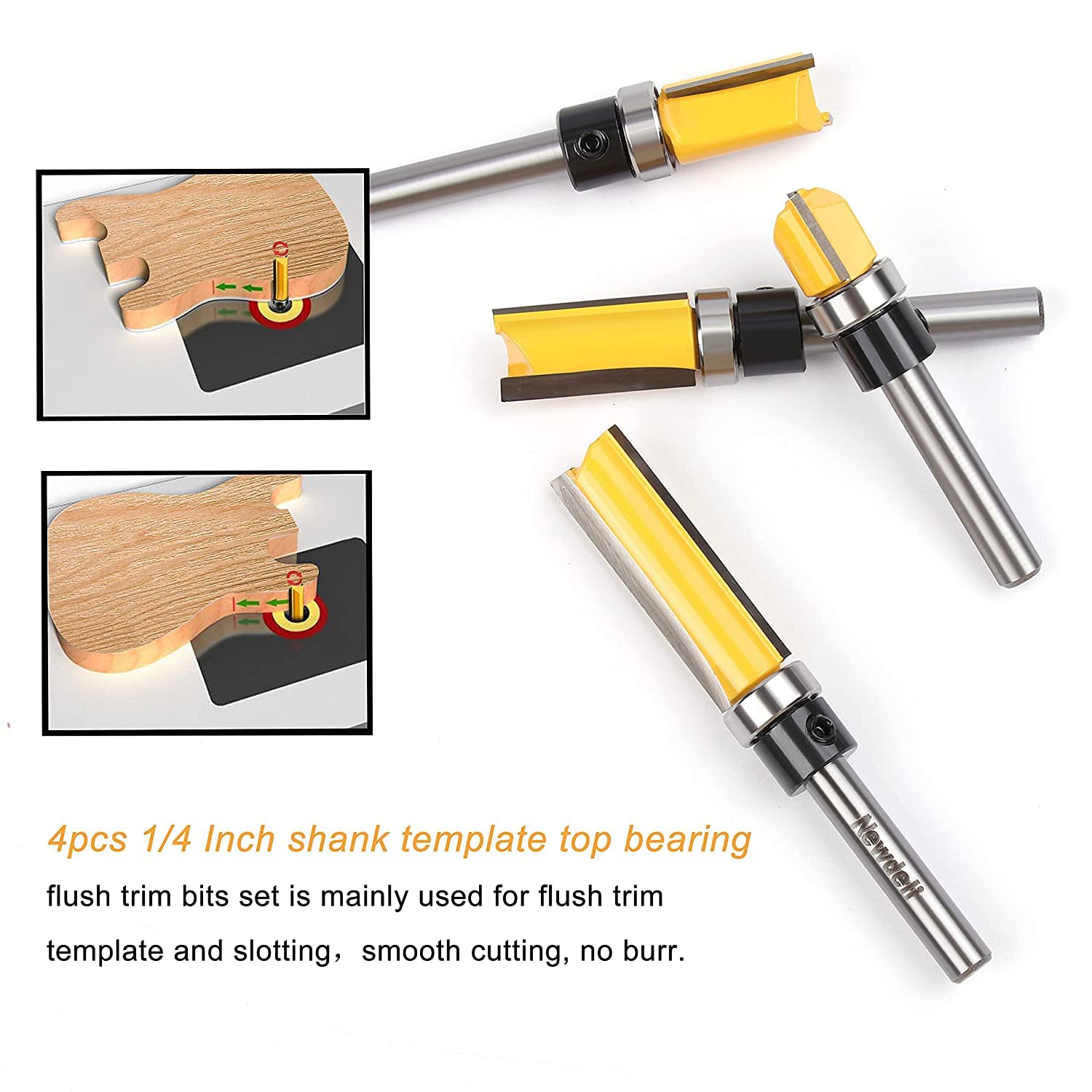 Newdeli 8PCS Flush Trim Router Bit Set 1/4 Inch Shank - 4pcs Top Bearing Flush Trim Router Bits and 4pcs Pattern Flush Trim Router Bits -Template Guide Woodworking Milling Cutter Tool - Image 4