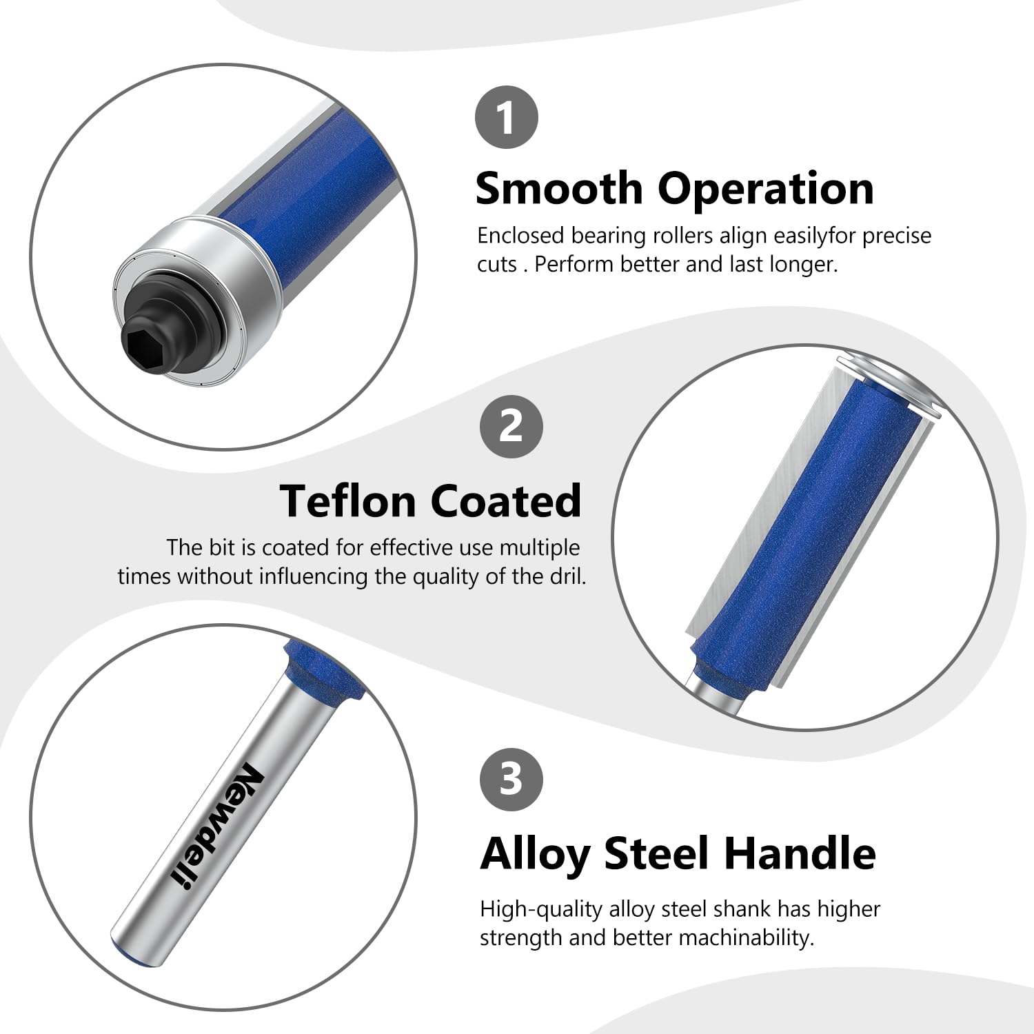 Newdeli 8PCS Flush Trim Router Bit Set 1/4 Inch Shank - 4pcs Top Bearing Flush Trim Router Bits and 4pcs Pattern Flush Trim Router Bits -Template Guide Woodworking Milling Cutter Tool - Image 5