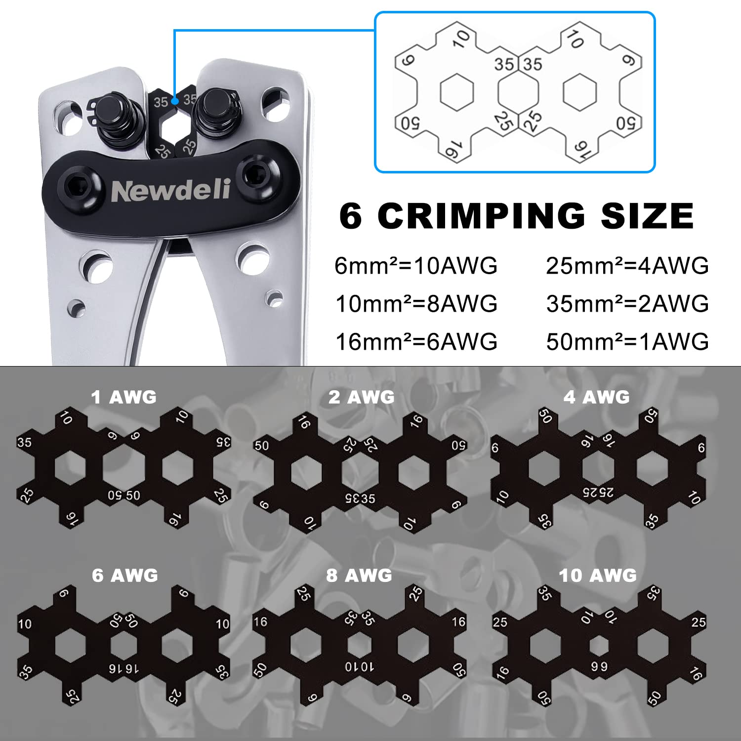 Newdeli Battery Cable Lug Crimping Tool 10-1/0 AWG with 60Pcs Copper Ring Terminals 8 Sizes Cable Lugs Set, Heavy Duty Wire Crimper for Battery Wire Terminal - Image 4
