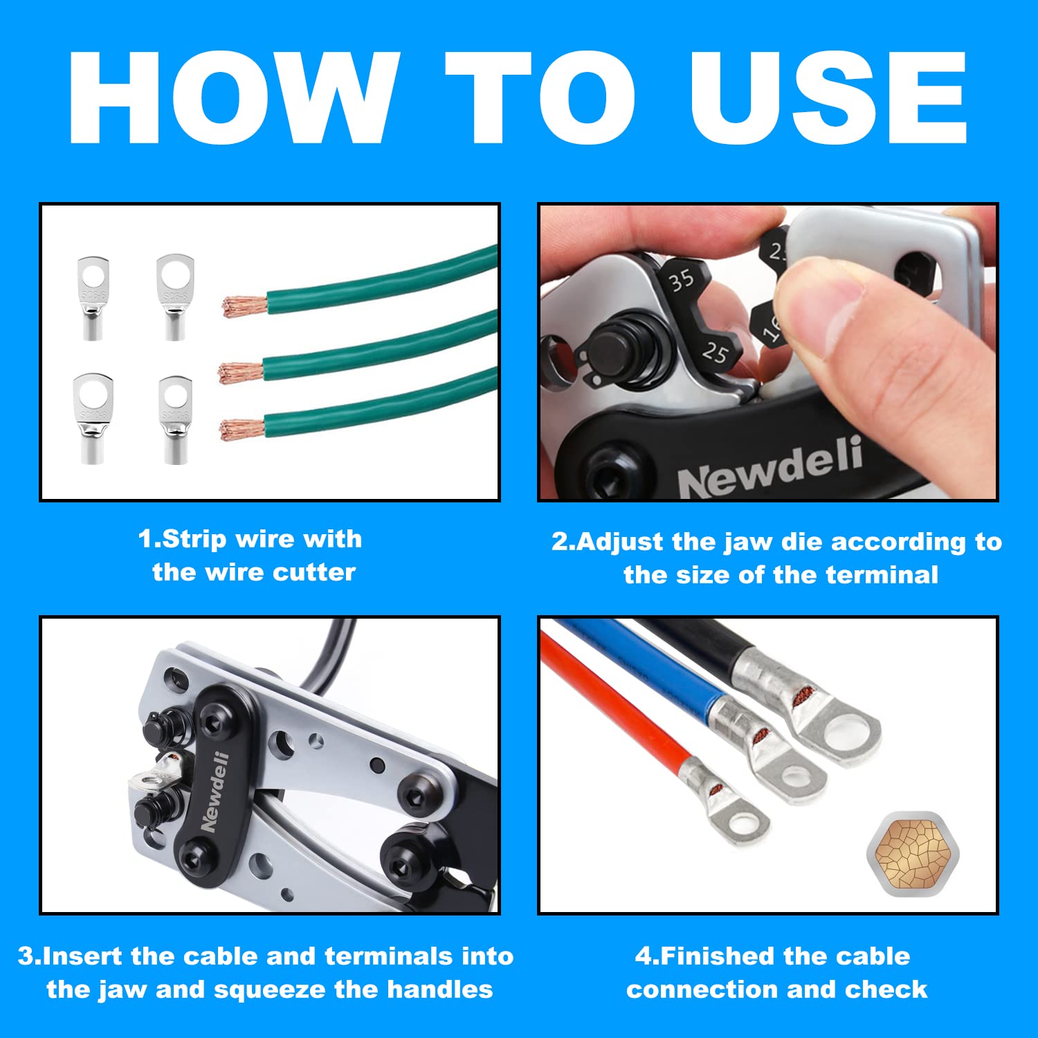Newdeli Battery Cable Lug Crimping Tool 10-1/0 AWG with 60Pcs Copper Ring Terminals 8 Sizes Cable Lugs Set, Heavy Duty Wire Crimper for Battery Wire Terminal - Image 5