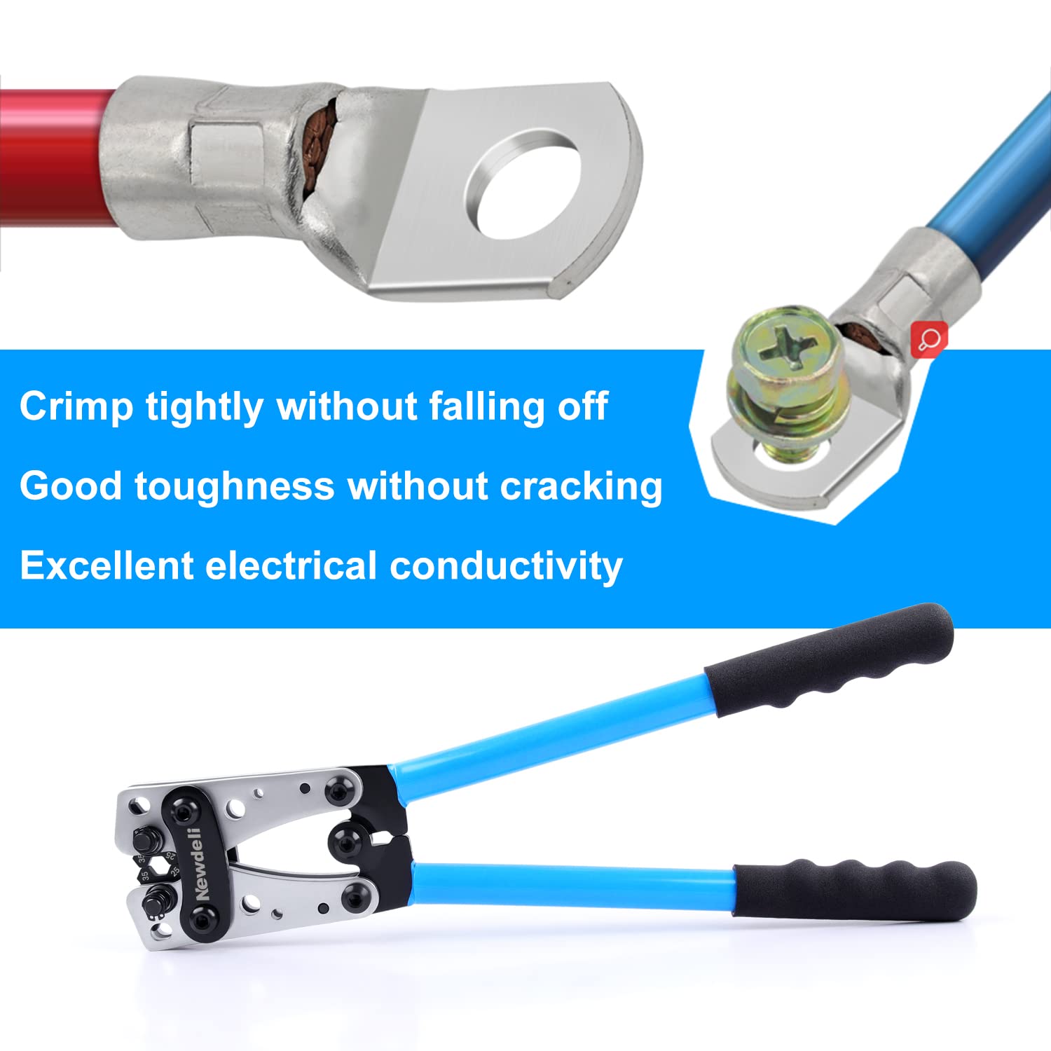 Newdeli Battery Cable Lug Crimping Tool 10-1/0 AWG with 60Pcs Copper Ring Terminals 8 Sizes Cable Lugs Set, Heavy Duty Wire Crimper for Battery Wire Terminal - Image 6