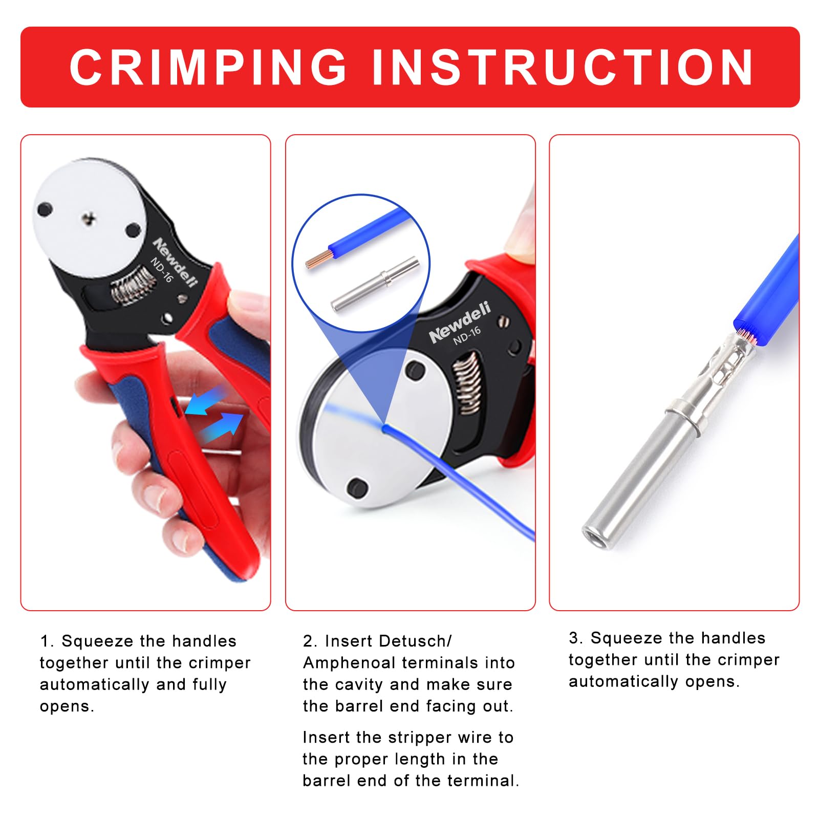 Newdeli Deutsch Crimp Tool Size 16 Deutsch Connector Tool 4 Way Indent 8 Impression Type Closed Barrel Crimper 14 16 18 AWG Solid Barrel Contact & Circular Connector Contacts Pin Crimping Tool - Image 5