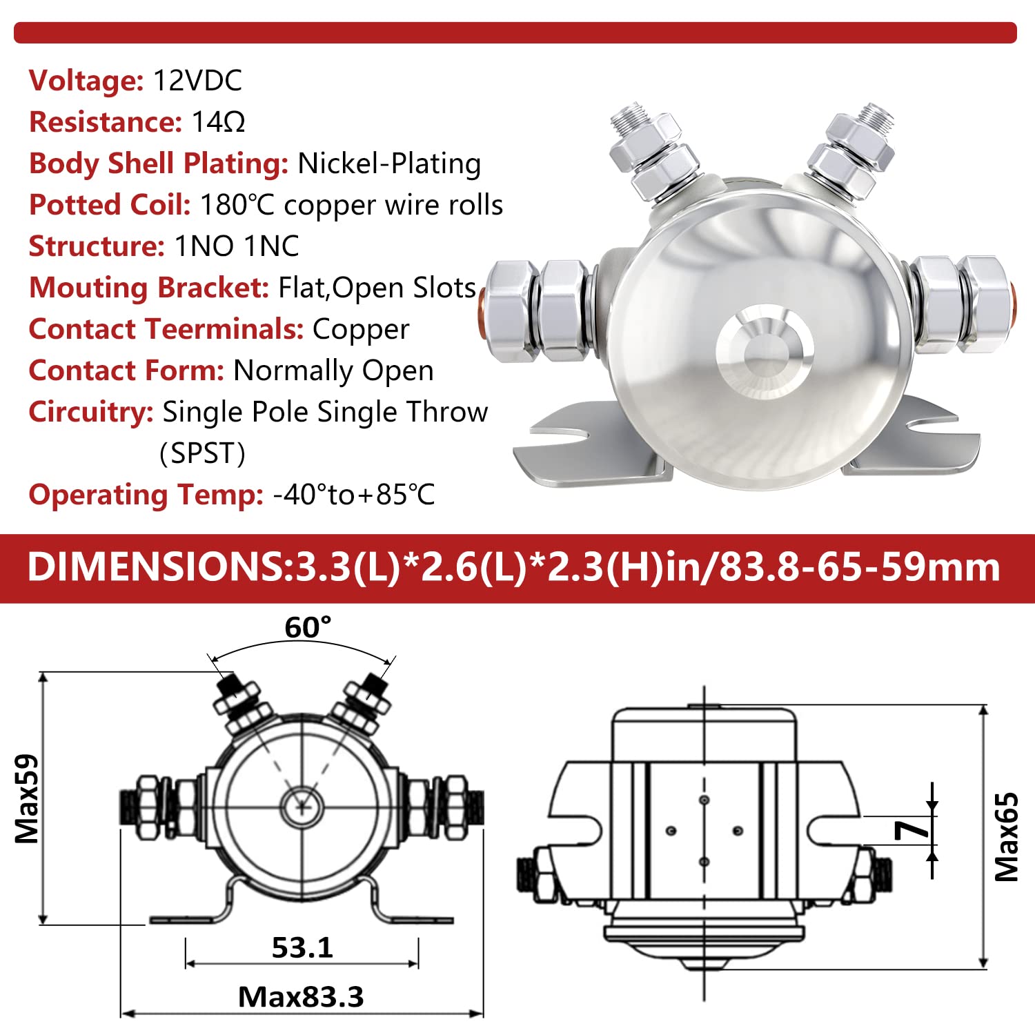 Newdeli Max 300A Continuous Duty Solenoid Relay Nickel-Plating for Golf Carts, Winch, Marine in Rush 12VDC - Image 3