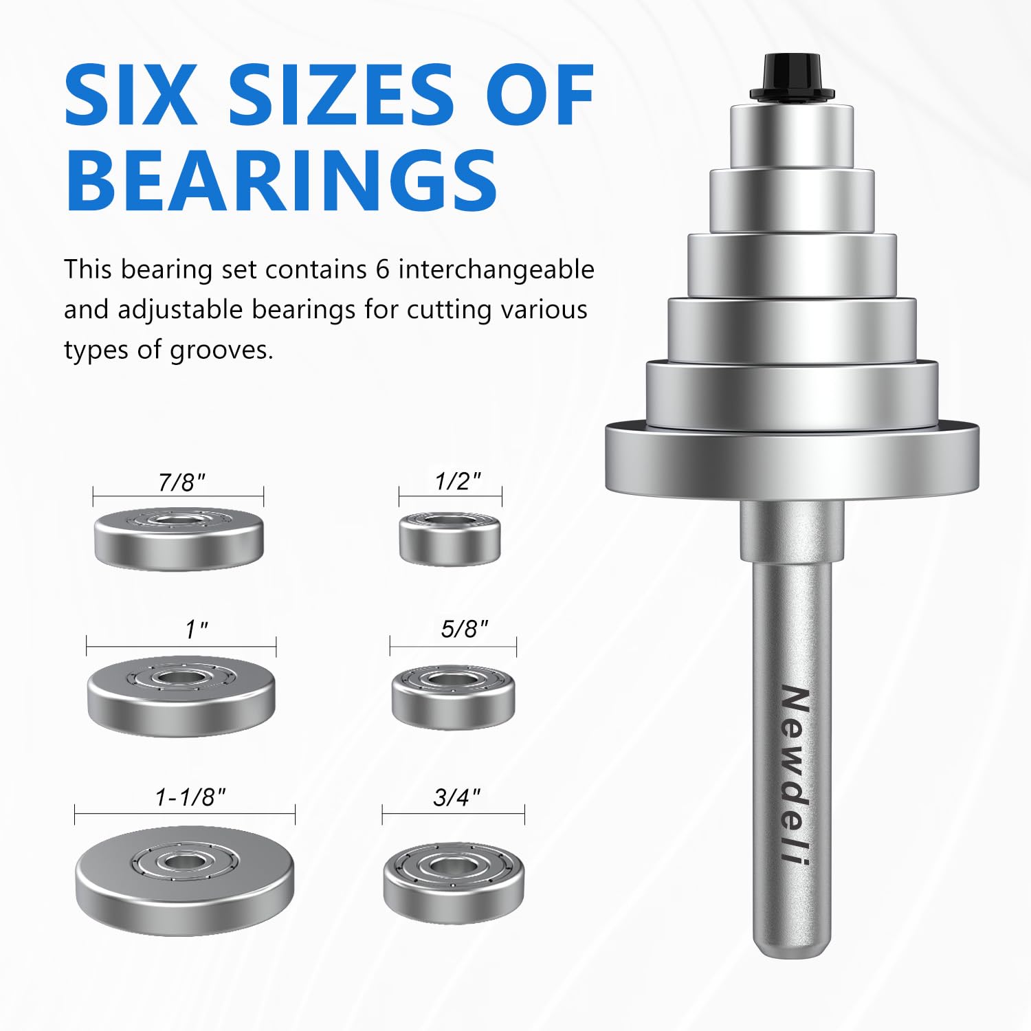 Newdeli Rabbet Router Bit Set 1/4 Inch Shank - 4Pcs Rabbeting Router Bits（1/8",1/4",3/8", 1/2" Height） with 6 Bearings Set (3/8", 1/2", 5/8", 3/4", 7/8", 1-1/8" Bearings) - Wood Biscuit Slot Cutters - Image 3