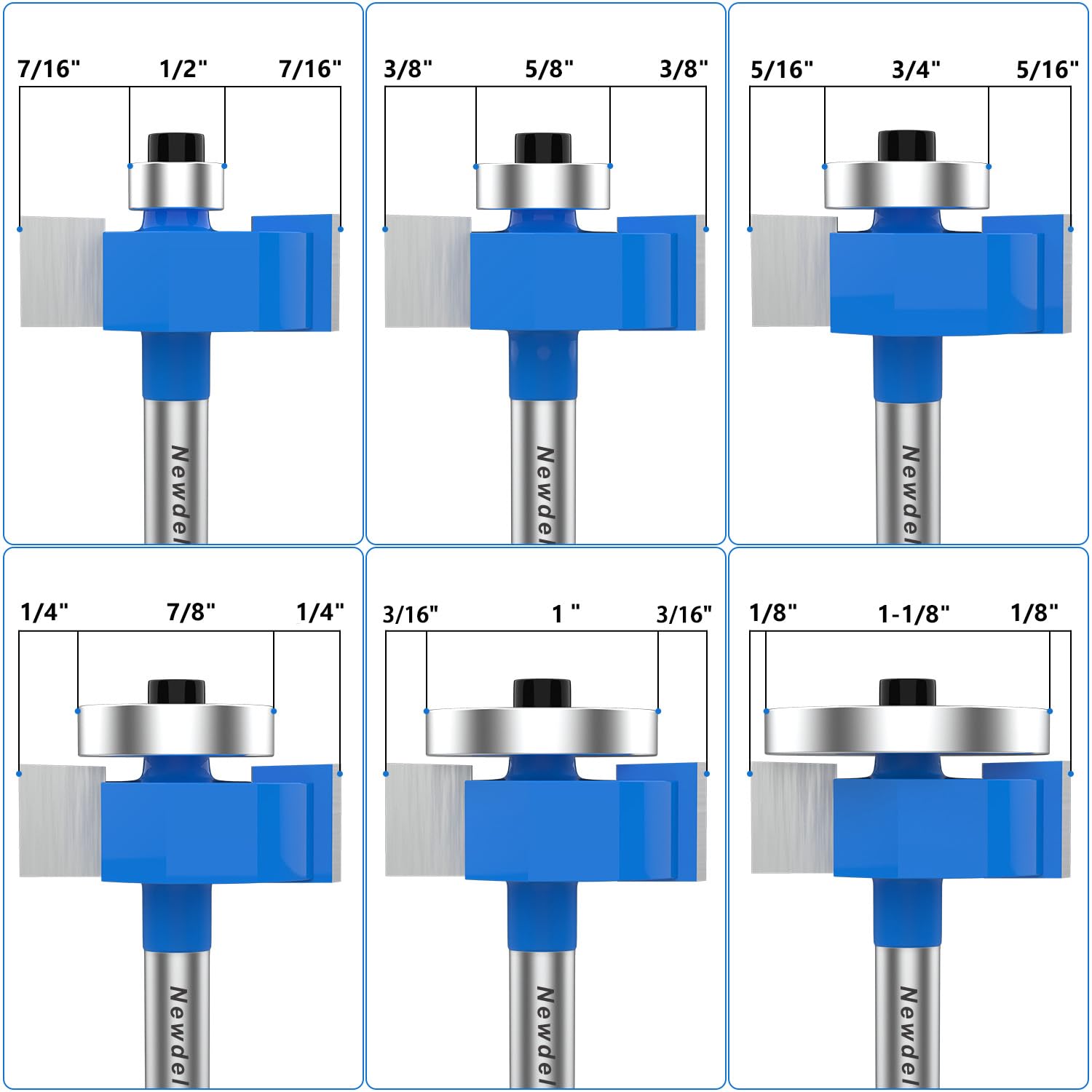 Newdeli Rabbet Router Bit Set 1/4 Inch Shank - 4Pcs Rabbeting Router Bits（1/8",1/4",3/8", 1/2" Height） with 6 Bearings Set (3/8", 1/2", 5/8", 3/4", 7/8", 1-1/8" Bearings) - Wood Biscuit Slot Cutters - Image 4