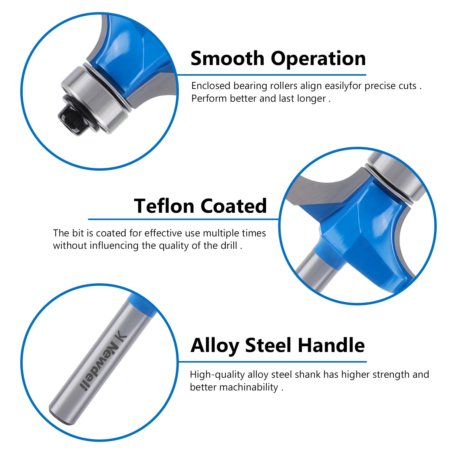 Newdeli Roundover Router Bit Set 1/4" Shank, 7pcs Router Bits, Carbide Corner Rounding Edge-Forming, for Cabinet Edges, Radius 1/8", 3/16", 1/4", 5/16", 3/8", 7/16", 1/2" - Image 5
