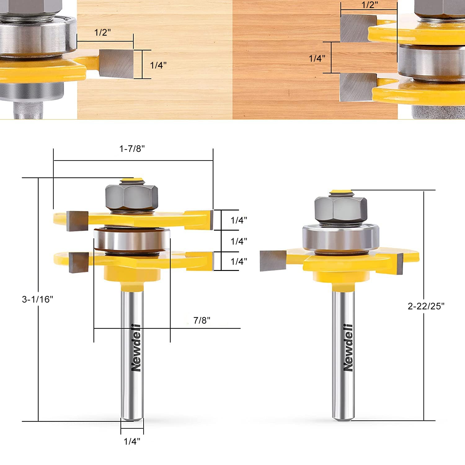 Newdeli Tongue and Groove Router Bit Set 1/4 inch Shank, 2Pcs Adjustable T-Shape Tongue and Groove Router Bits for Wood Door, Flooring, Drawers, Shelves , Cupboard Cutting - Image 3