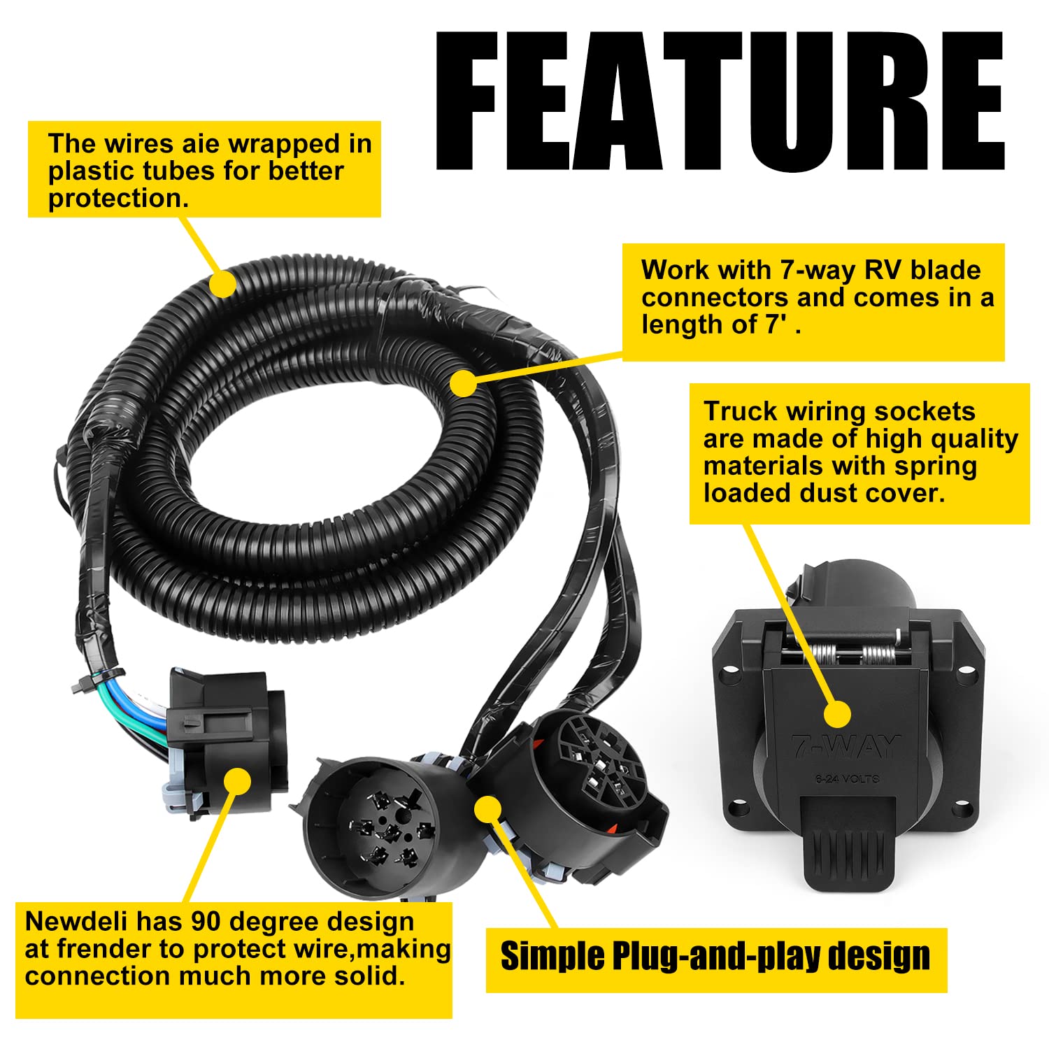 Newdeli Truck Bed 7-Foot 7-Pin Trailer Wiring Harness Extension - 7 Way Trailer Plug Extension Compatible with Chevrolet Dodge Ford GMC Nissan Ram Toyota for 5th-Wheel and gooseneck Trailers - Image 5