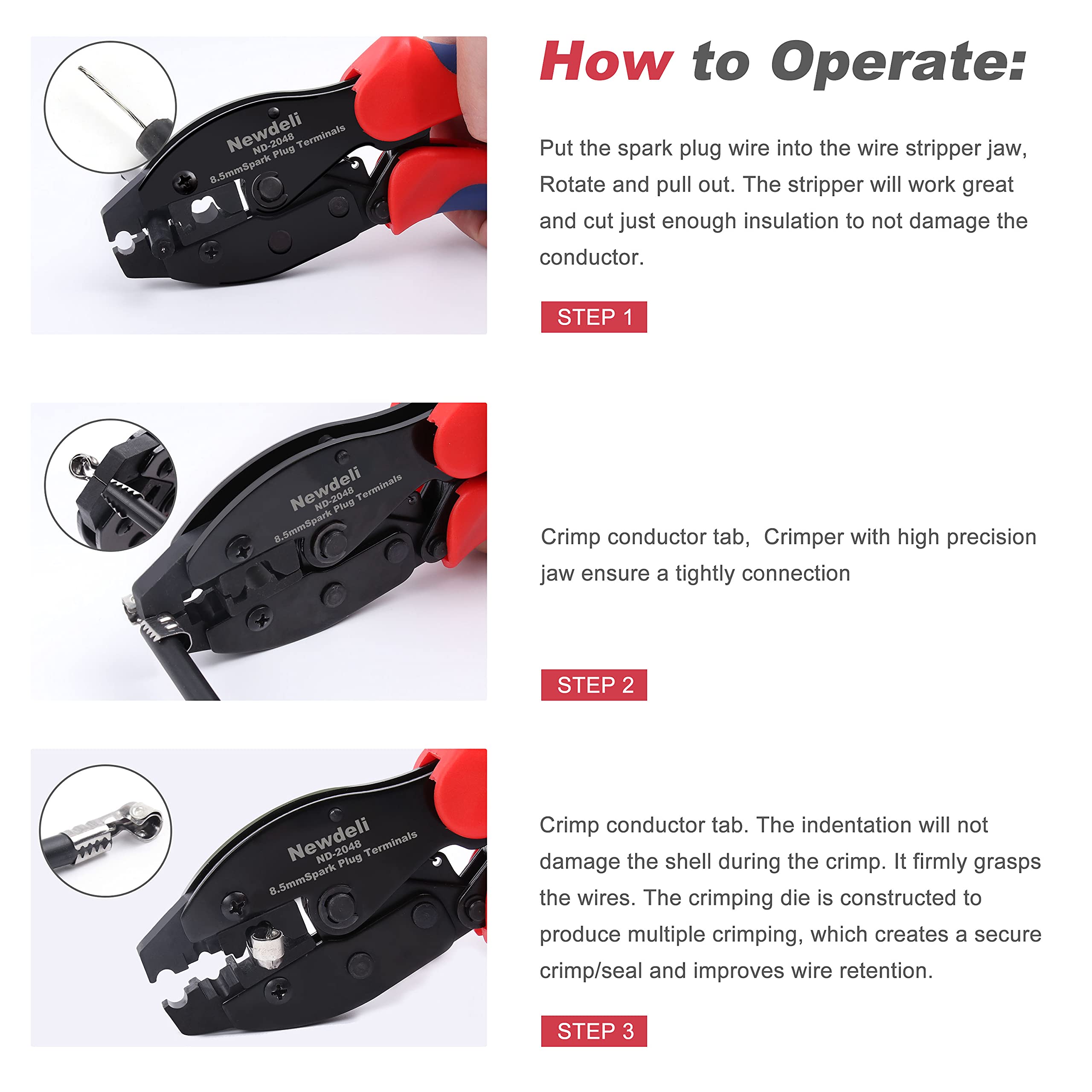 Spark Plug Wire Crimper, Newdeli Crimping Pliers for Spark Plug Stripping Tool, ND-2048 for Crimping and Stripping Spark Plug Wire, Dia 8.0-8.5mm,Ratchet spark plug wire crimping tool - Image 3