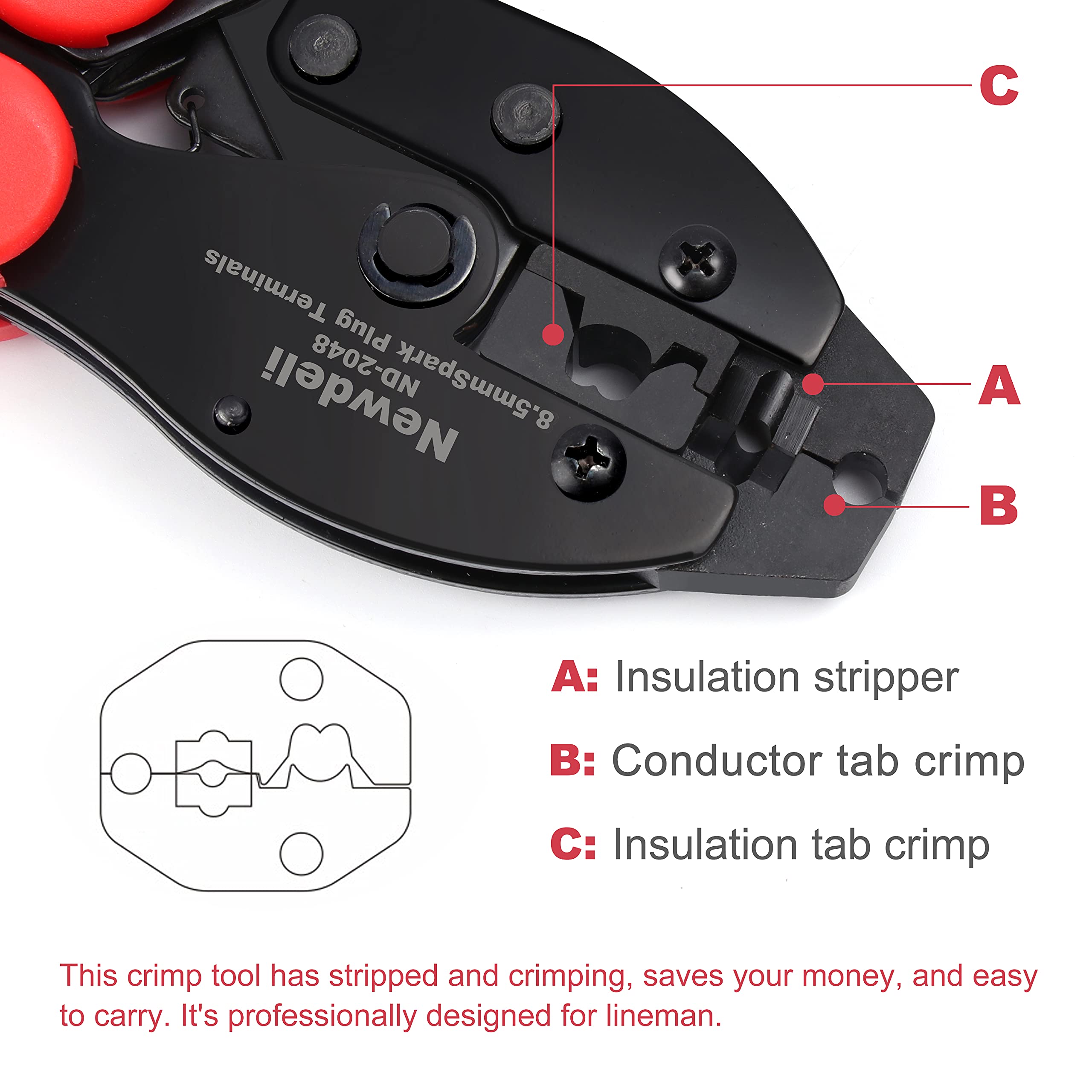 Spark Plug Wire Crimper, Newdeli Crimping Pliers for Spark Plug Stripping Tool, ND-2048 for Crimping and Stripping Spark Plug Wire, Dia 8.0-8.5mm,Ratchet spark plug wire crimping tool - Image 4